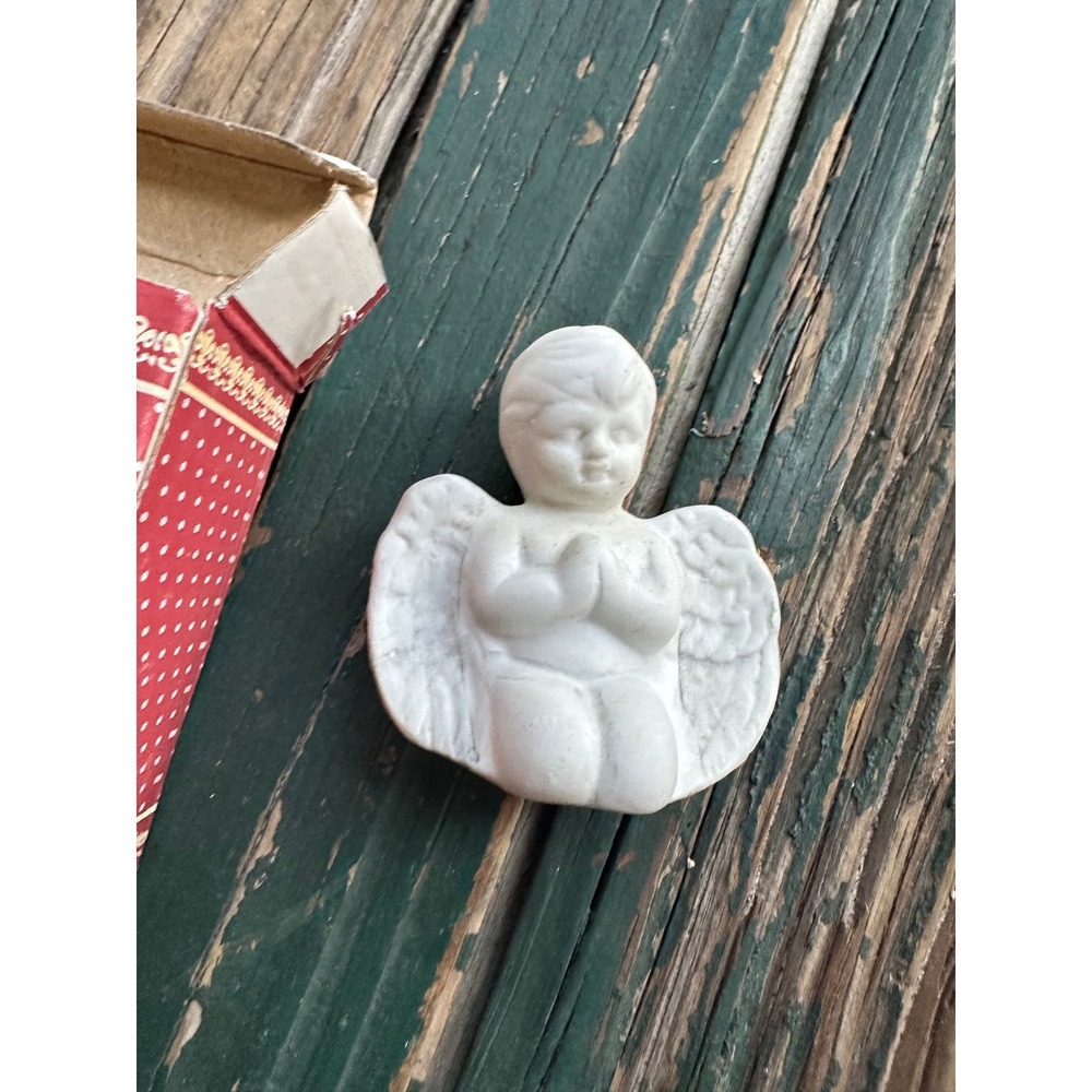 Vintage Porcelain Praying Angel Cherub Figurine White Bisque Miniature with Box